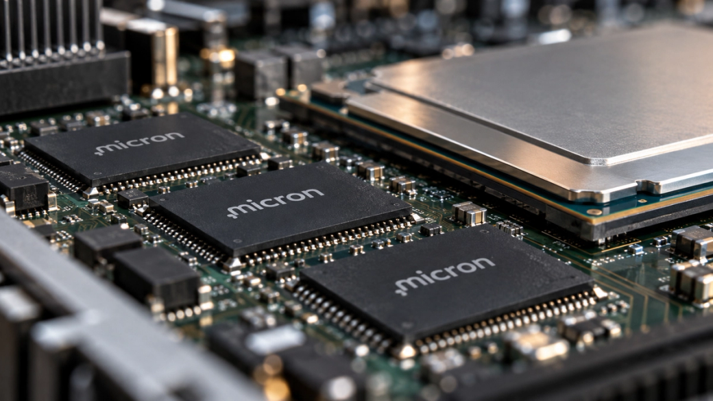 The image displays a close-up view of a computer motherboard featuring several Micron memory chips prominently positioned on the circuit board. The intricate details of the microelectronics highlight the advanced technology involved in semiconductor manufacturing.