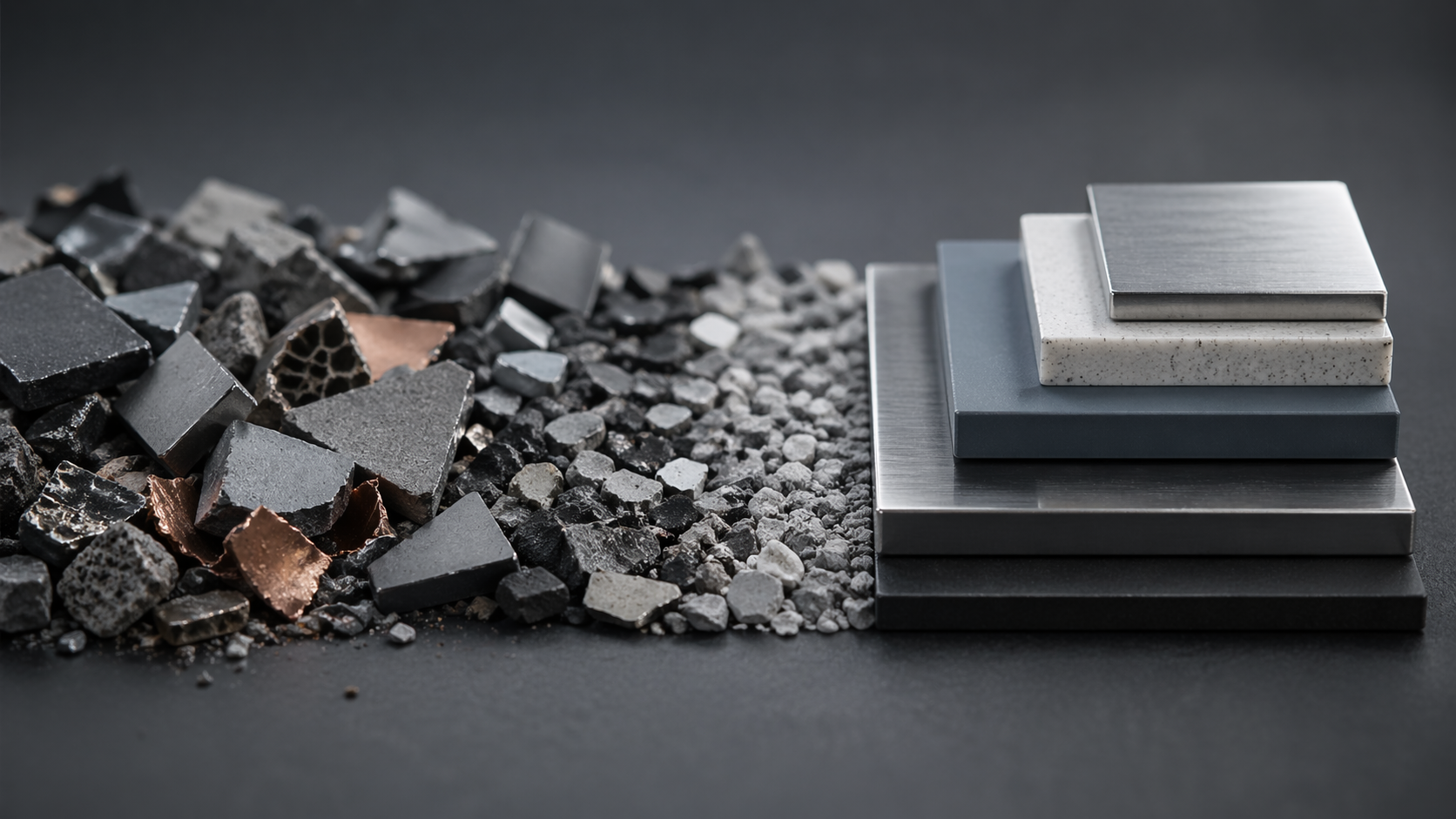 The image showcases a dynamic arrangement of various materials, including broken rocks, gravel, and smooth metal sheets, juxtaposed against a dark background. This composition highlights contrasts in texture and color, emphasizing the diversity of materials.