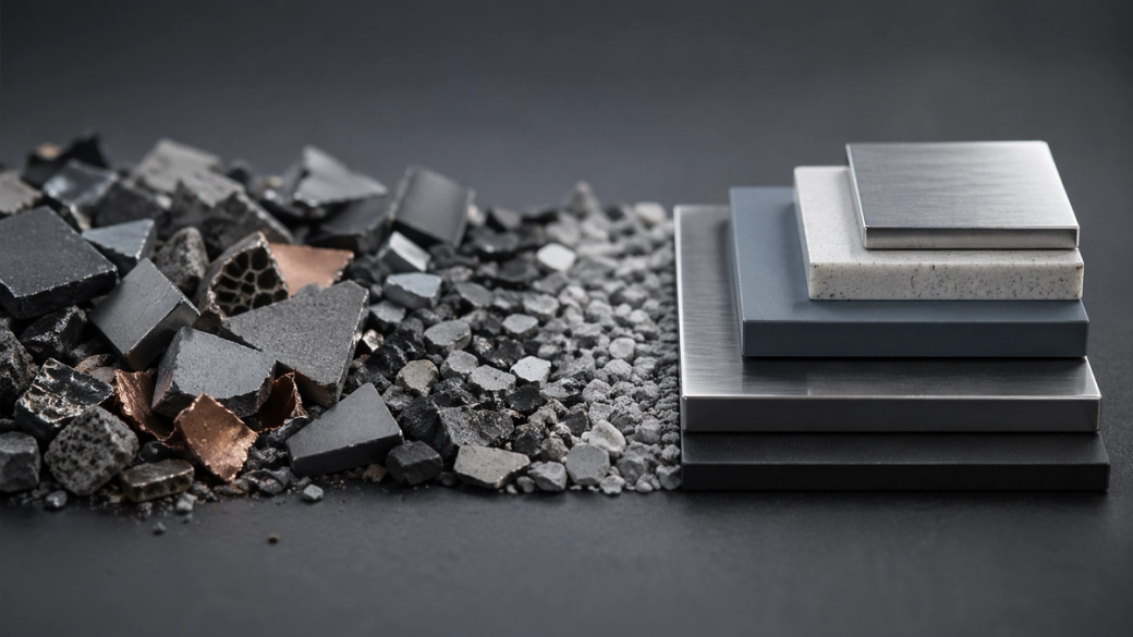 The image showcases a dynamic arrangement of various materials, including broken rocks, gravel, and smooth metal sheets, juxtaposed against a dark background. This composition highlights contrasts in texture and color, emphasizing the diversity of materials.