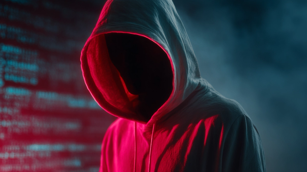 The image features a figure in a hooded sweatshirt, shrouded in shadow, against a backdrop of data streams in neon colors. This visually striking representation evokes themes of anonymity and digital environments.