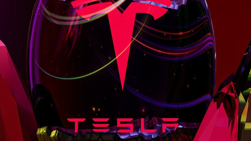 The image features a stylized helmet with a prominent Tesla logo against a vibrant, abstract background. The helmet appears futuristic, showcasing intricate geometric patterns and bright colors.