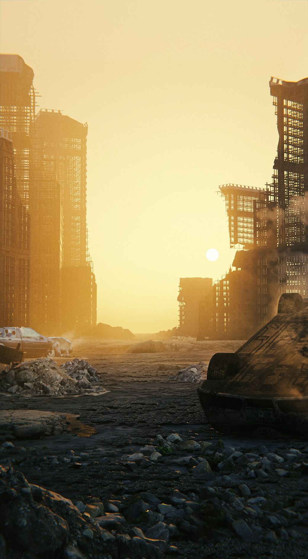 The image depicts a desolate cityscape at sunset, featuring partially destroyed skyscrapers and abandoned vehicles. The sun is low on the horizon, casting a dramatic glow over the scene, highlighting the remnants of a once-bustling urban environment. — Credit: Photo by Nelli Chaitanya on Unsplash
