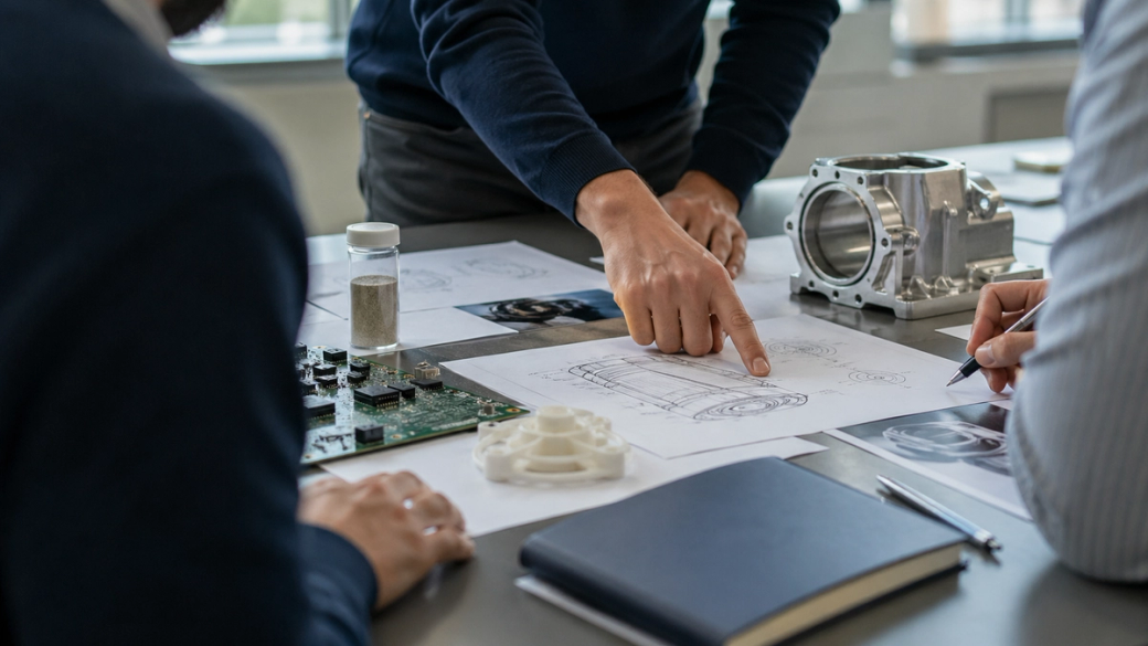 The image depicts a group of individuals collaborating on a technical project, with blueprints and sketches spread out on a table. One person is pointing at a design on a sheet of paper while another is taking notes.