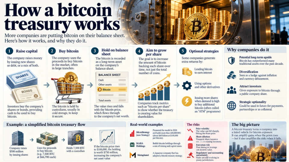 This infographic illustrates the workings of a bitcoin treasury, highlighting how companies can integrate bitcoin into their financial strategies. It features a flow diagram and various strategic approaches companies may adopt regarding bitcoin on their balance sheets.