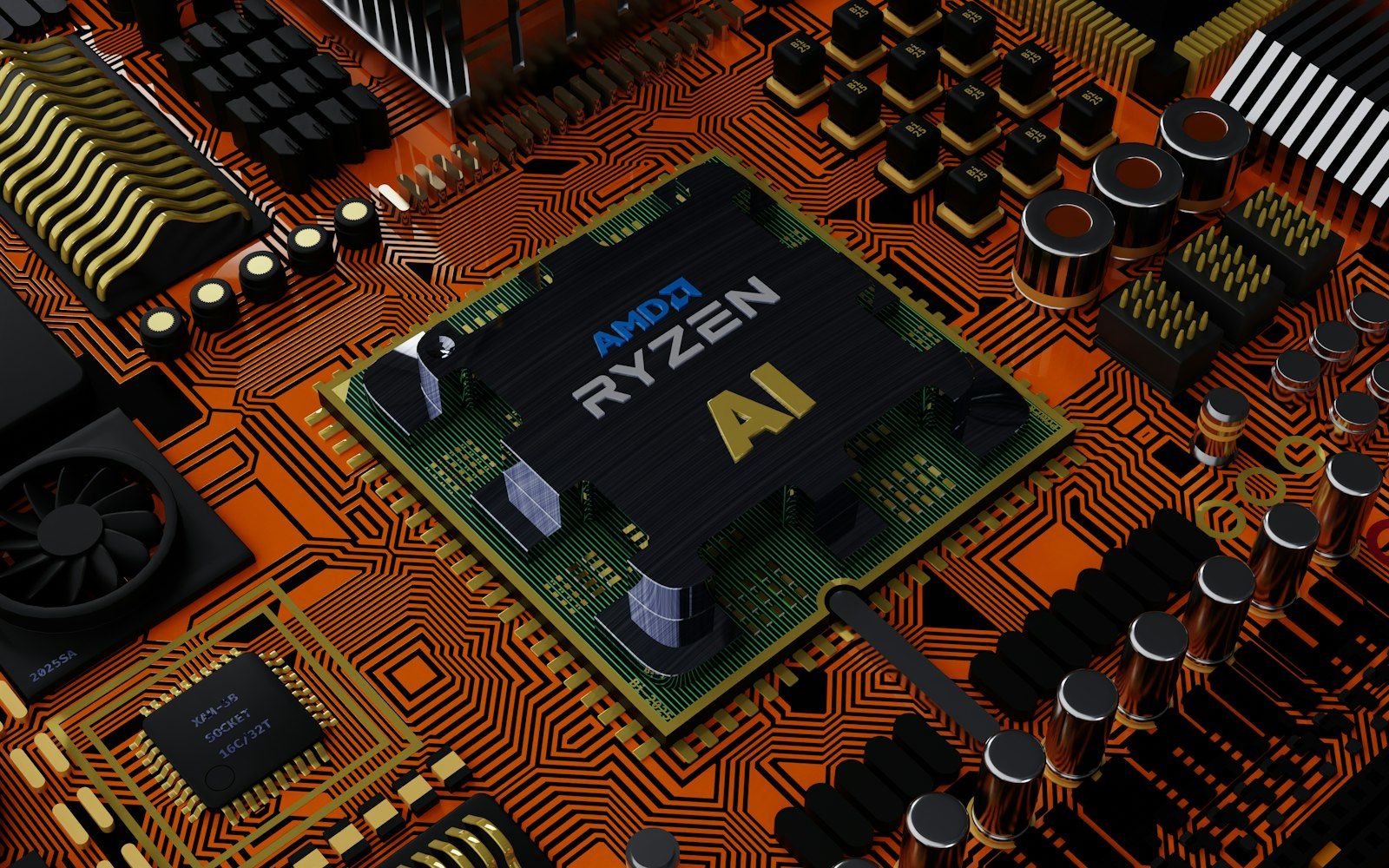 The image depicts a close-up view of a computer motherboard featuring an AMD Ryzen processor. The motherboard has a vibrant orange circuit design with various electronic components such as capacitors and fans.