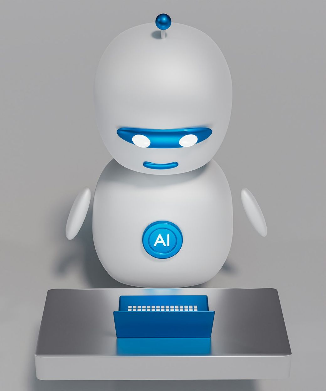 The image features a friendly robot with a prominent 'AI' logo on its chest, interacting with a laptop in a minimalist setting. The robot has a simplified design, emphasizing its artificial intelligence capabilities. — Credit: Photo by Mohamed Nohassi on Unsplash