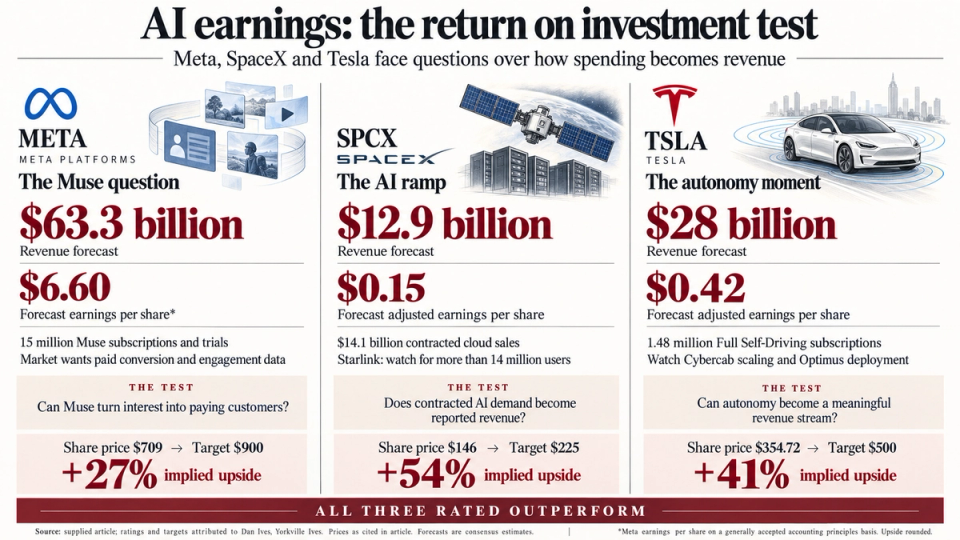 The image presents a comparative analysis of earnings from three major companies: Meta Platforms, SpaceX, and Tesla. It includes financial figures, adjusted earnings per share, and market performance evaluations relevant to AI and technology investments.