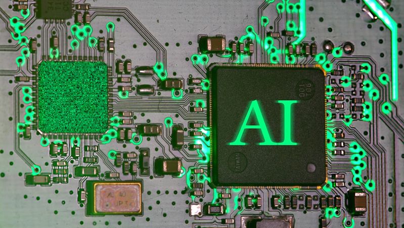 The image features a close-up view of a computer circuit board with highlighted components. Dominating the image is a black microchip with 'AI' inscribed on it, surrounded by intricate circuitry and connections.