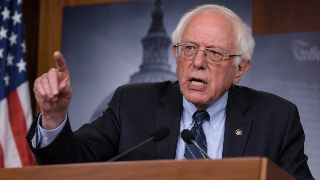 The image captures Bernie Sanders passionately addressing an audience, emphasizing his points with an intense expression and raised finger. Behind him is a backdrop featuring the U.S. Capitol, highlighting his political context.