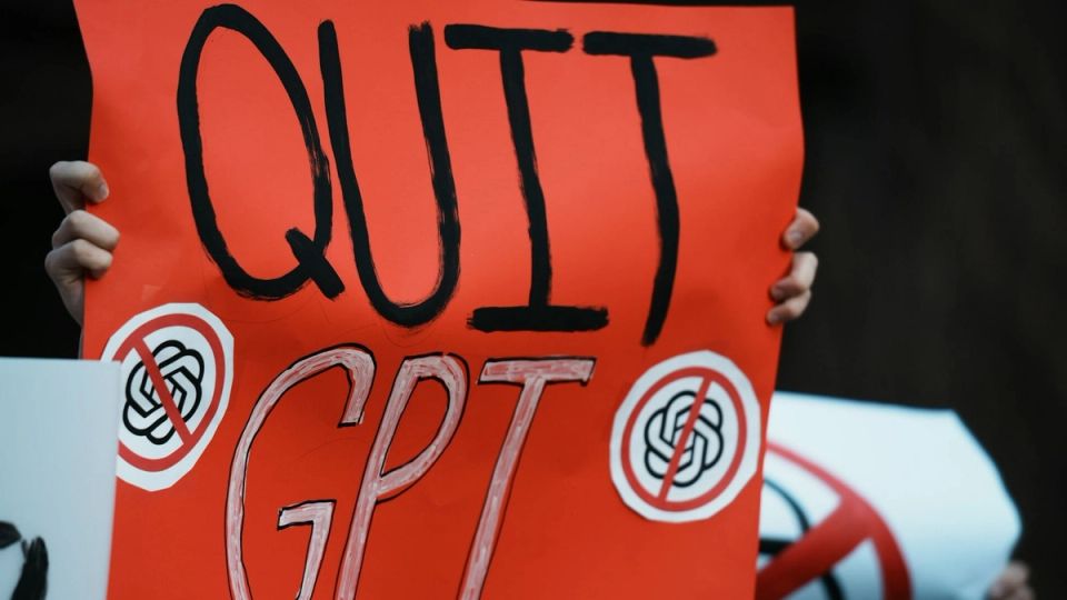 Protestors hold signs saying "quit gpt" with crossed-out logos.