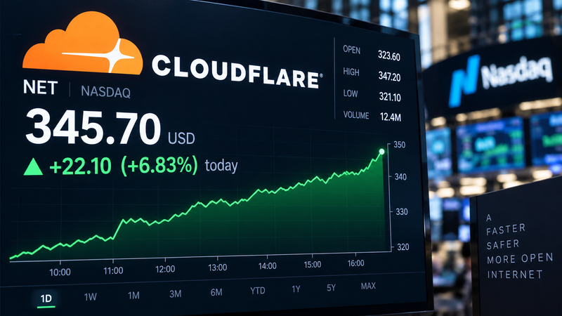 The image displays a stock market screen showing Cloudflare's performance on the NASDAQ, with a notable increase in stock price. The graph illustrates a bullish trend, highlighting today's percentage gain in value.