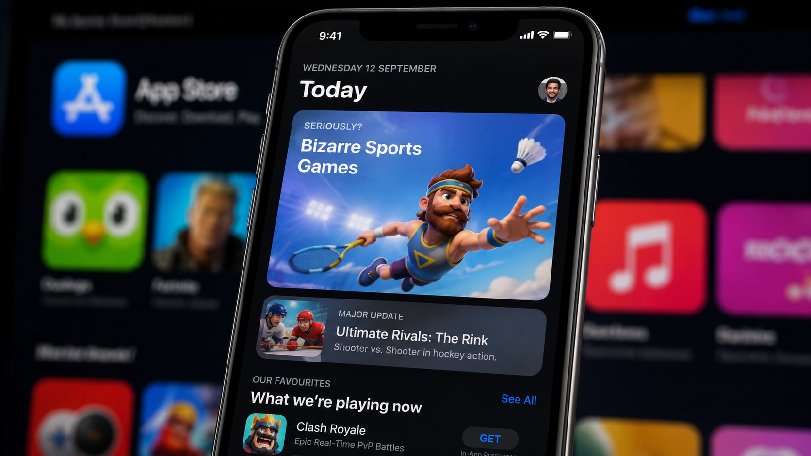 The image shows a smartphone displaying the App Store interface with highlighted game categories. The featured game titled 'Bizarre Sports Games' and an update for 'Ultimate Rivals: The Rink' are prominently displayed.