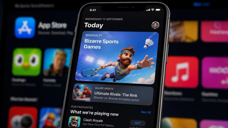 The image shows a smartphone displaying the App Store interface with highlighted game categories. The featured game titled 'Bizarre Sports Games' and an update for 'Ultimate Rivals: The Rink' are prominently displayed.