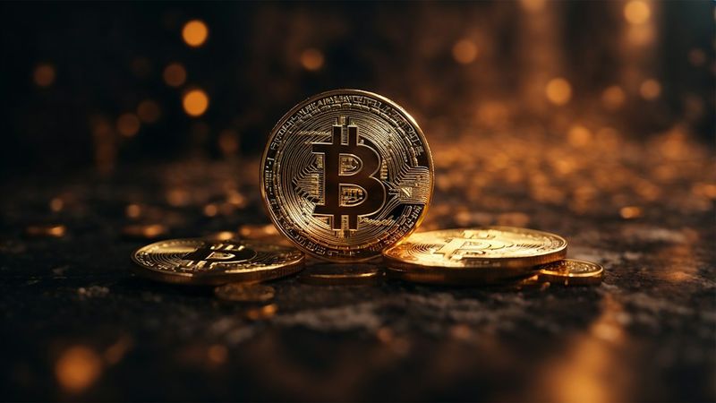 The image features several gold-colored Bitcoin coins stacked on a reflective surface, with a blurred golden background that suggests a sense of wealth and digital finance. The focus on the Bitcoins emphasizes their importance in cryptocurrency markets.