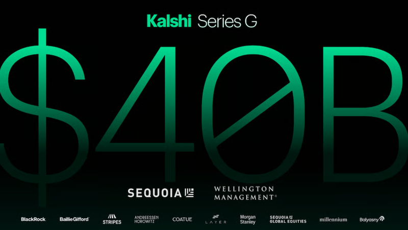 The image displays a financial announcement related to Kalshi's Series G funding round, highlighting a $40 billion valuation. The design features a modern aesthetic with green tones.