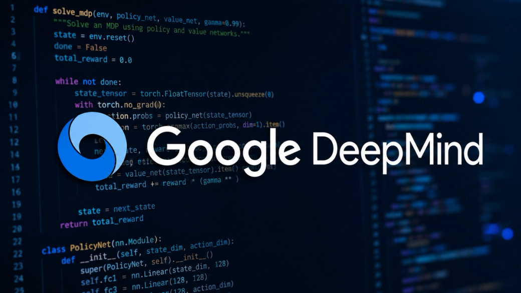 The image features a close-up view of computer code with a prominent logo of Google DeepMind. The background consists of dark, colorful lines of code that suggest a focus on artificial intelligence and machine learning development.