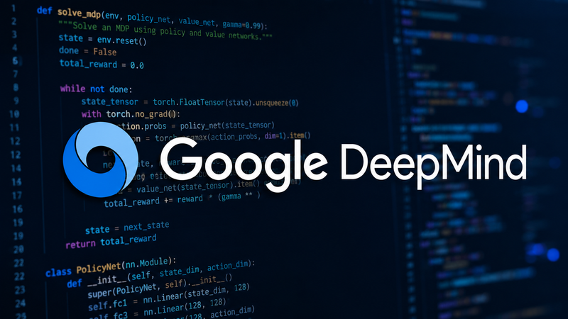 The image features a close-up view of computer code with a prominent logo of Google DeepMind. The background consists of dark, colorful lines of code that suggest a focus on artificial intelligence and machine learning development.