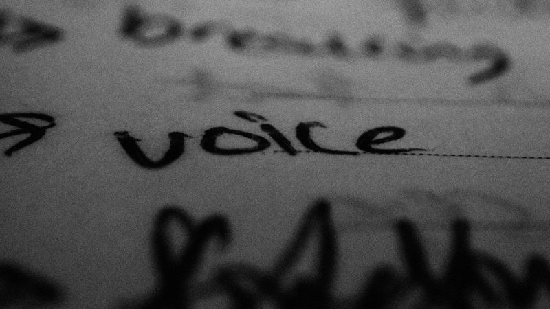 The image shows a close-up of handwritten text, focusing on the word 'voice'. The background appears to have additional indistinct handwritten notes and scribbles.