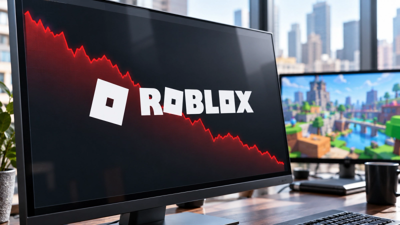 The image features a computer monitor displaying the Roblox logo alongside a downward trending red graph, indicating a decline in value. A second monitor shows a scenic view from the game, suggesting a focus on gaming dynamics and financial performance.