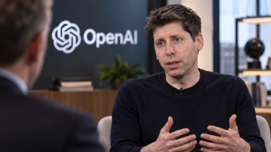 The image shows a man engaged in a conversation, appearing to be sharing insights on artificial intelligence. In the background, the OpenAI logo is prominently displayed, linking the discussion to advancements in technology and AI, potentially relating to the work of Sam Altman.