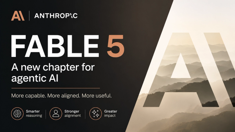 The image features a visually striking design with the title 'Fable 5' prominently displayed. It includes the logo of 'Anthropic' and text describing the advancements in agentic AI, emphasizing enhanced reasoning, alignment, and impact. A serene mountain landscape serves as the backdrop, representing innovation and progress in technology.