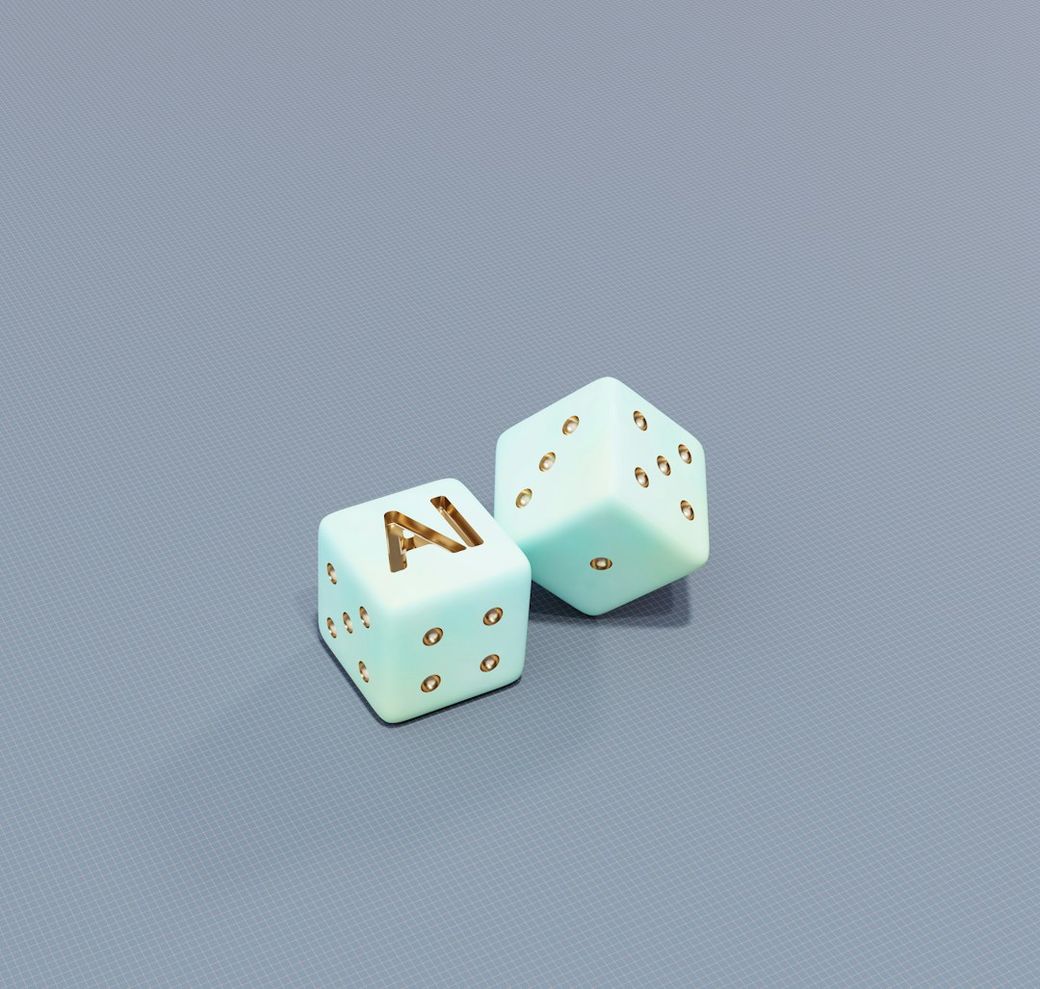 The image features two mint-colored dice on a textured gray background. One die shows the letters 'AI' in gold, symbolizing artificial intelligence. — Credit: Photo by Galina Nelyubova on Unsplash