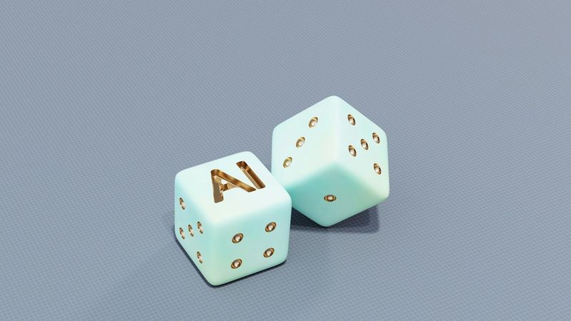 The image features two mint-colored dice on a textured gray background. One die shows the letters 'AI' in gold, symbolizing artificial intelligence.