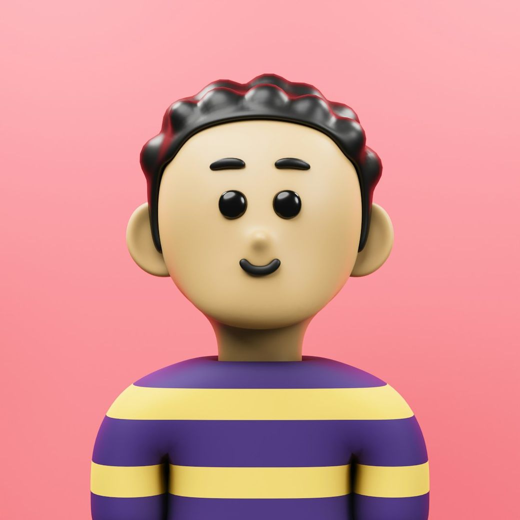 This image features a 3D animated character with a smiling expression. The character has dark curly hair and is wearing a striped shirt with yellow and purple colors against a pink background. — Credit: Photo by luthfi alfarizi on Unsplash