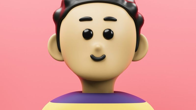 This image features a 3D animated character with a smiling expression. The character has dark curly hair and is wearing a striped shirt with yellow and purple colors against a pink background.