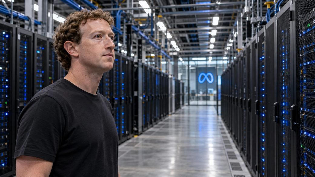 The image depicts a man standing in a high-tech server room filled with rows of data servers, featuring blue LED lights. The environment suggests a focus on advanced technology and infrastructure, indicative of a digital or AI-driven operation.
