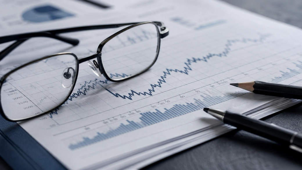 The image showcases a close-up view of glasses resting on financial documents that feature stock market graphs and charts. It highlights tools commonly used for financial analysis.