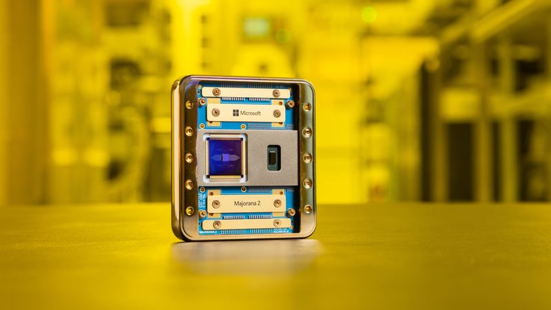 The image features a close-up of a metallic device labeled with 'Microsoft' and 'Marjornan 2'. The device is presented against a blurred background, suggesting a high-tech environment with warm yellow lighting. This setting hints at advancements in technology, possibly related to quantum computing or data processing.