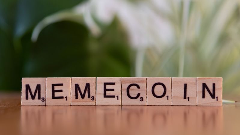 The image features wooden blocks displaying the word 'MEMECOIN'. The background has a soft, blurred green appearance, suggesting a casual or playful setting.