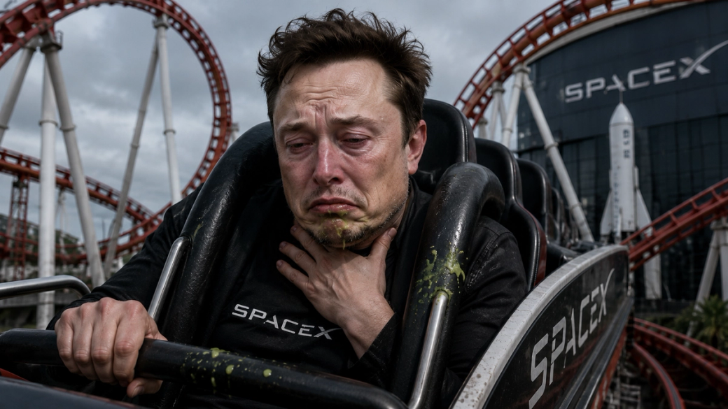 The image depicts a man with a distressed expression seated on a roller coaster, surrounded by amusement park tracks and a SpaceX-themed backdrop. The contrast between the thrilling amusement park ride and the man's emotions captures a dramatic moment.