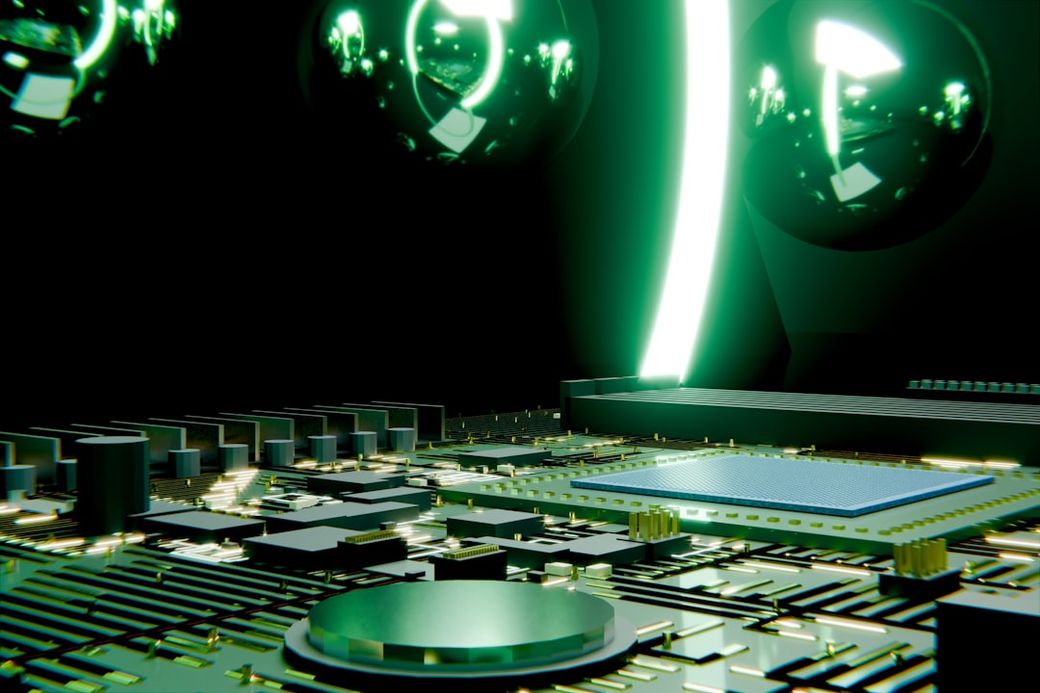 The image depicts a close-up view of a modern circuit board with intricate electronic components illuminated by green light. The background features glowing orbs, adding a futuristic aesthetic to the technological scene. — Credit: Photo by Brecht Corbeel on Unsplash