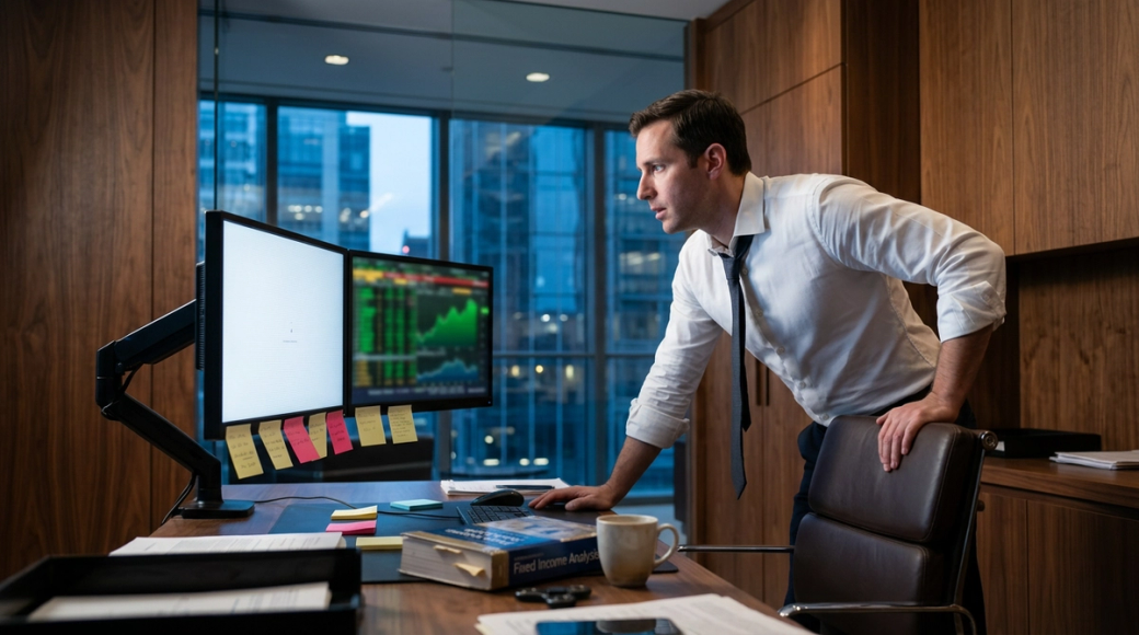 The image shows a focused trader in a sleek family office trading suite, leaning forward with one hand on the back of a leather chair. The environment features walnut paneling and large glass windows showcasing a modern financial district, with a glowing screen displaying a bullish market trend and various Post-it notes stuck to the monitors.