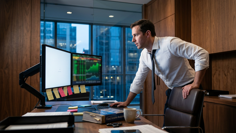 The image shows a focused trader in a sleek family office trading suite, leaning forward with one hand on the back of a leather chair. The environment features walnut paneling and large glass windows showcasing a modern financial district, with a glowing screen displaying a bullish market trend and various Post-it notes stuck to the monitors.