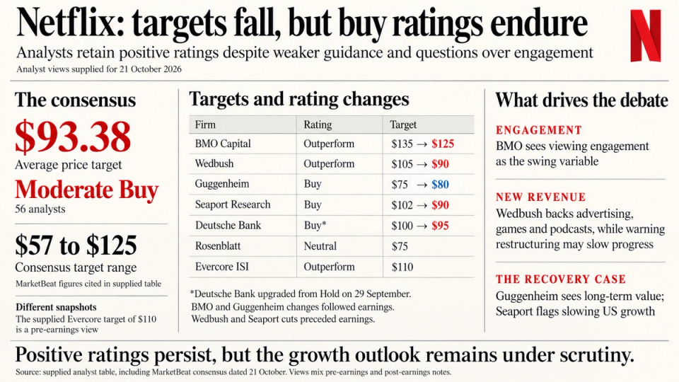The image presents financial insights regarding Netflix, highlighting target price adjustments and analyst ratings. It includes a summary of ratings from various firms and discusses engagement and revenue recovery themes.