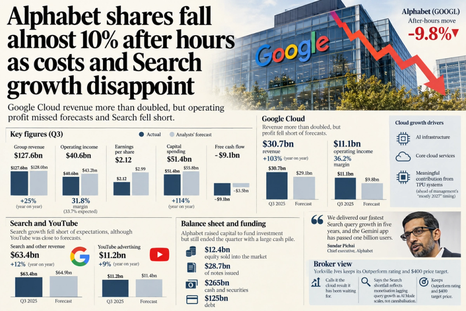 The image displays a financial report concerning Alphabet Inc., highlighting a significant drop in share value by nearly 10% after hours. Notably, it emphasizes the disappointing revenue growth from Google Cloud and Search services, along with key financial figures.