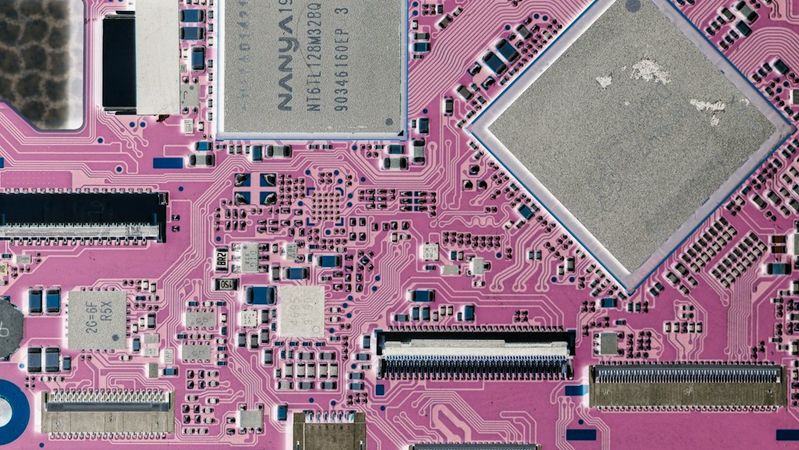 The image presents a close-up view of a printed circuit board featuring various electronic components, including chips and connectors, on a pink substrate. The intricate design highlights the complexity and precision involved in modern electronic manufacturing.