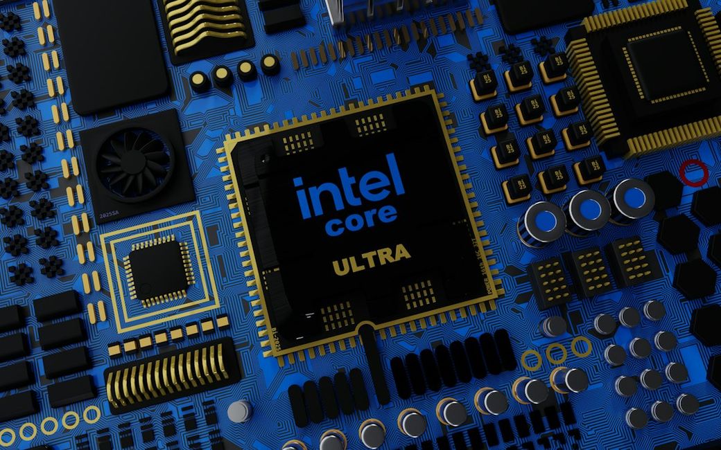 The image showcases a close-up of a blue computer motherboard featuring a prominent Intel Core Ultra processor. The intricate layout includes several electronic components and pathways, emphasizing the technology behind modern computing devices. — Credit: Photo by BoliviaInteligente on Unsplash