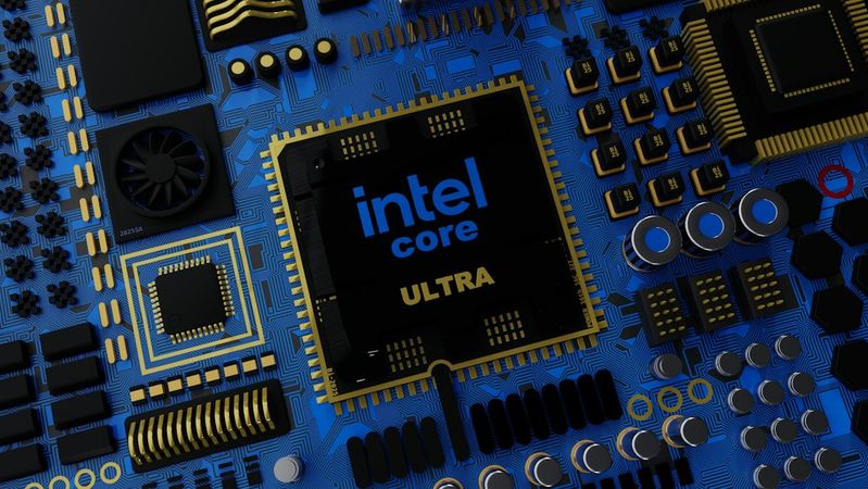 The image showcases a close-up of a blue computer motherboard featuring a prominent Intel Core Ultra processor. The intricate layout includes several electronic components and pathways, emphasizing the technology behind modern computing devices.