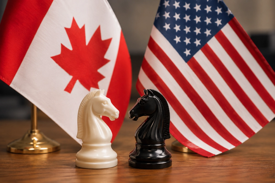The image features a white and a black chess knight piece positioned between the flags of Canada and the United States. The chess pieces represent strategic thinking, while the flags symbolize the relationship between the two nations.