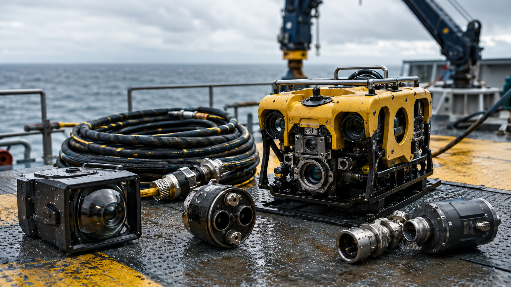 The image features an underwater remotely operated vehicle (ROV) placed on a wet deck, alongside several detachable cameras and cables. The backdrop showcases a cloudy ocean setting, indicating a marine exploration or inspection scenario.
