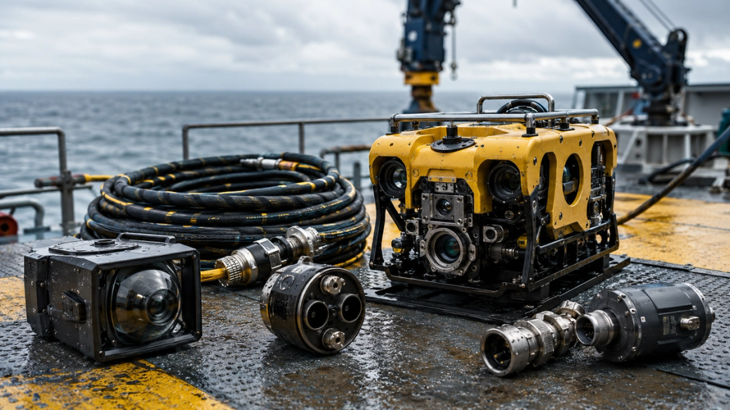 The image features an underwater remotely operated vehicle (ROV) placed on a wet deck, alongside several detachable cameras and cables. The backdrop showcases a cloudy ocean setting, indicating a marine exploration or inspection scenario.