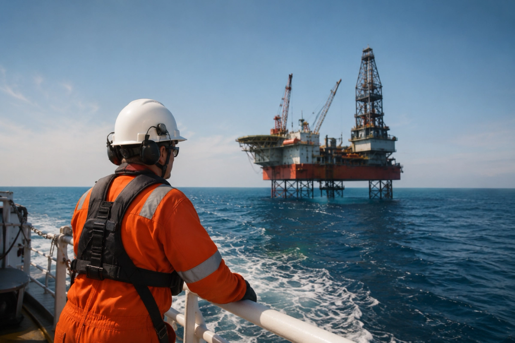 An offshore oil rig is visible in the distance while a worker in an orange coverall and helmet observes from a boat. The scene captures a clear blue sky and the ocean, emphasizing the maritime environment of the oil and gas industry.