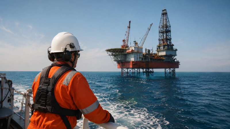 An offshore oil rig is visible in the distance while a worker in an orange coverall and helmet observes from a boat. The scene captures a clear blue sky and the ocean, emphasizing the maritime environment of the oil and gas industry.