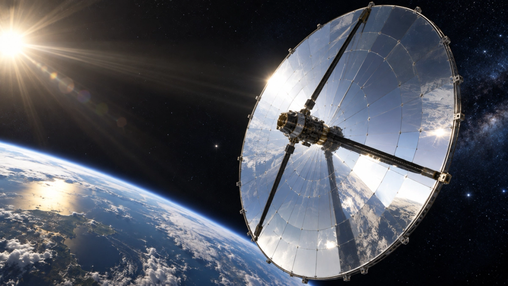 The image shows a large space structure with a reflective surface, orbiting the Earth against a backdrop of stars and a shining sun. The spacecraft appears to be designed for scientific exploration or energy collection in space.