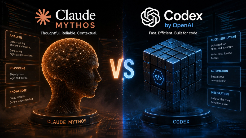 The image contrasts two advanced AI systems, Claude Mythos and Codex, showcasing their respective features through visual representations. Claude Mythos is depicted as a head made of light circuits, emphasizing analysis and reasoning, while Codex is represented by a cube, highlighting automation and code generation capabilities.