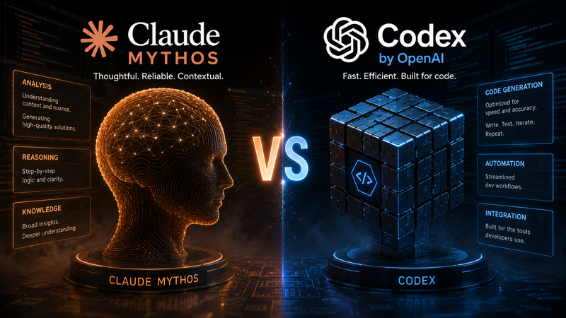 The image contrasts two advanced AI systems, Claude Mythos and Codex, showcasing their respective features through visual representations. Claude Mythos is depicted as a head made of light circuits, emphasizing analysis and reasoning, while Codex is represented by a cube, highlighting automation and code generation capabilities.